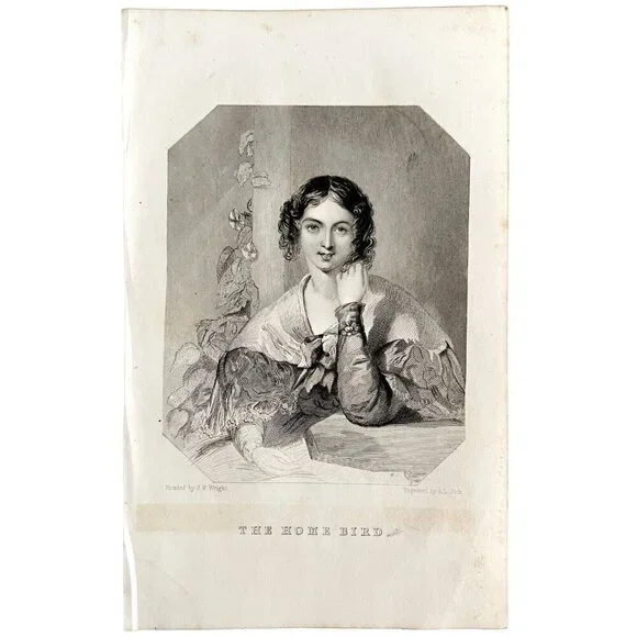 Home Bird Beautiful Woman Engraving 1859 Victorian J.W. Wright Art DWY5E